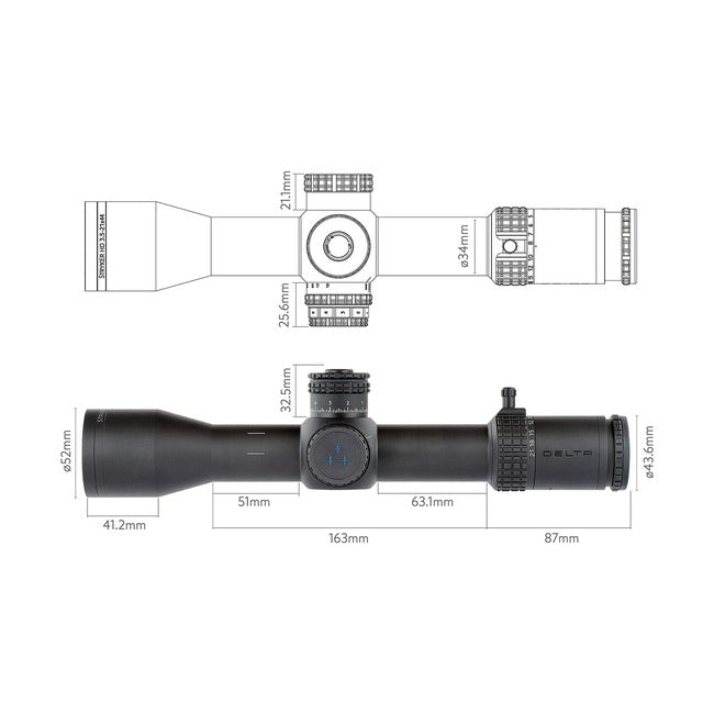 Luneta celownicza Delta Stryker HD 3,5-21x44 DPRC-1, rysunek techniczny z wymiarami